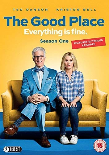 Ted Danson and Kristen Bell sit on a yellow sofa on The Good Place cover.