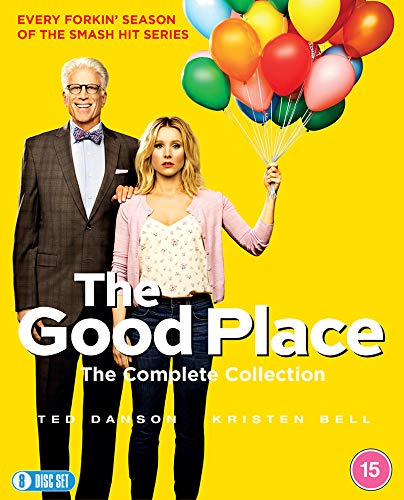 Ted Danson and Kristen Bell stand against a yellow background holding colorful balloons.