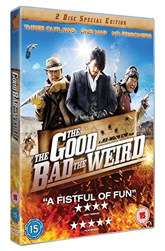 DVD case for "The Good The Bad The Weird" with three men and fiery background.