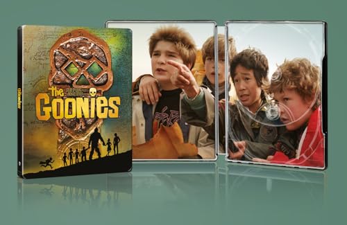 The Goonies Blu-ray steelbook case showing the cover art and interior cast photos.