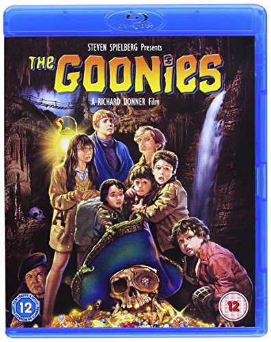The Goonies" Blu-ray case featuring the film’s young cast and pirate imagery.