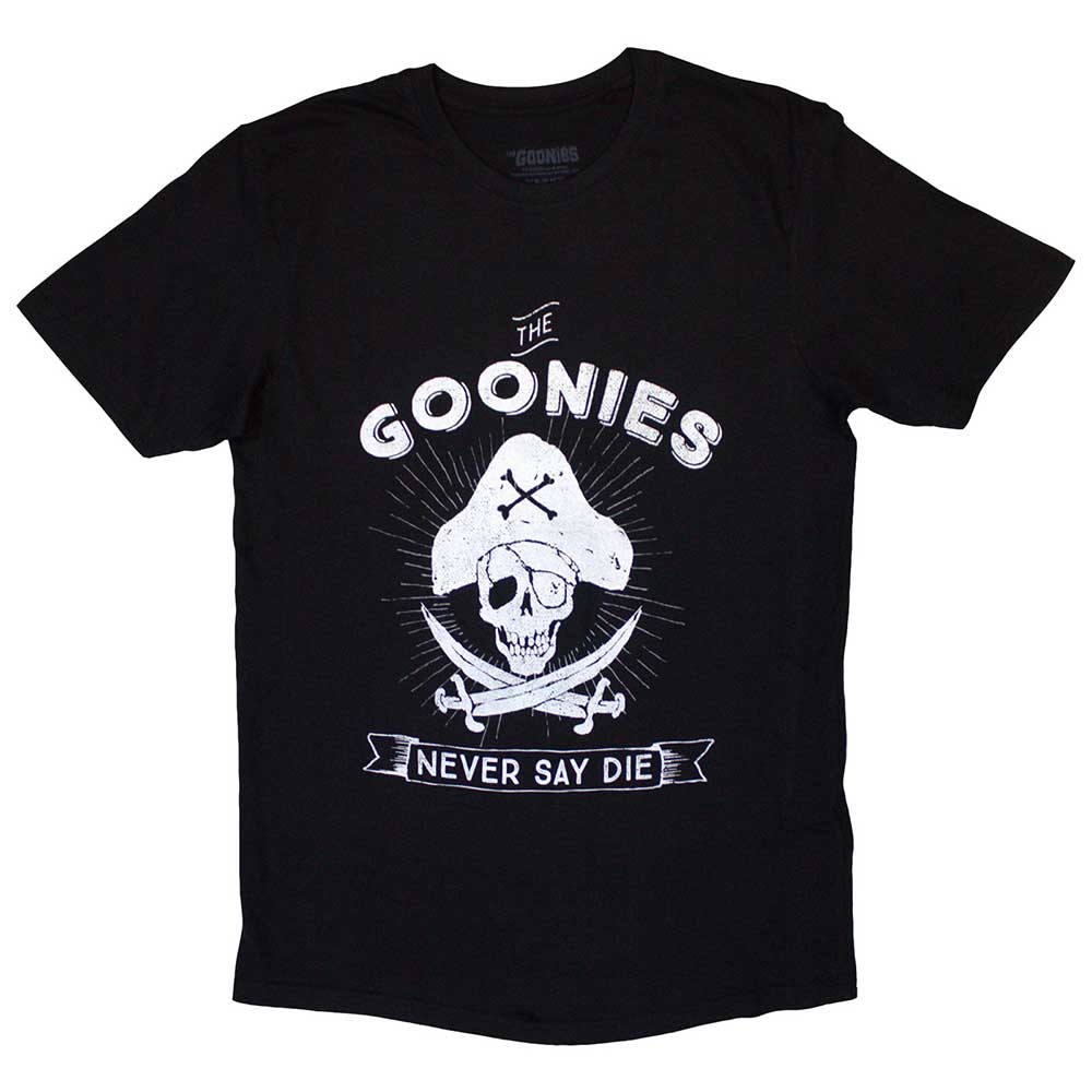Black t-shirt with "The Goonies" and "Never Say Die" text, small size.