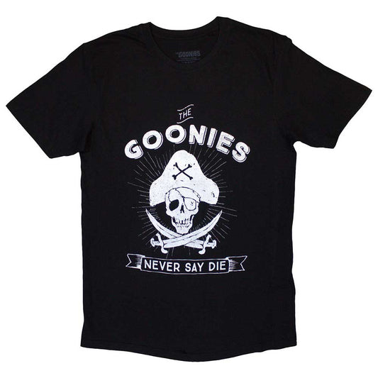 Black t-shirt with "The Goonies" and "Never Say Die" text, small size.