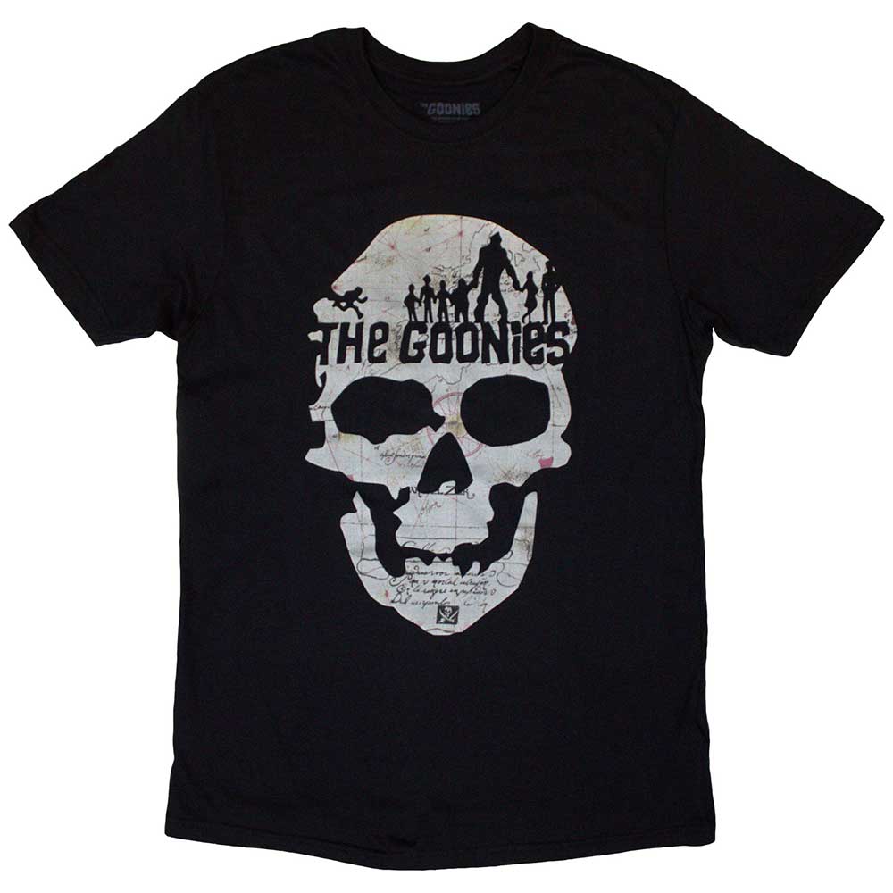 Black t-shirt with a white skeleton graphic, referencing the movie The Goonies.