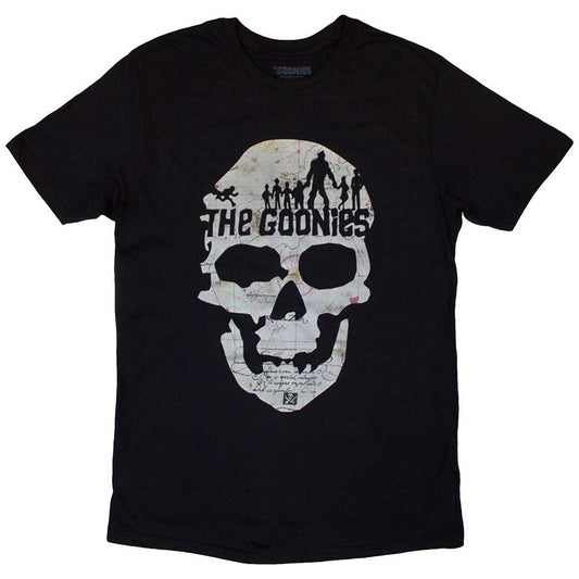 Black t-shirt with a white skeleton graphic, referencing the movie The Goonies.