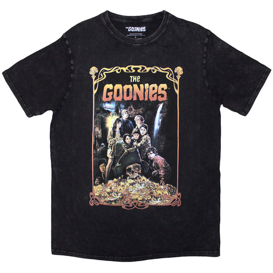 Black, stone-wash t-shirt featuring a vintage Goonies movie poster design, size medium.