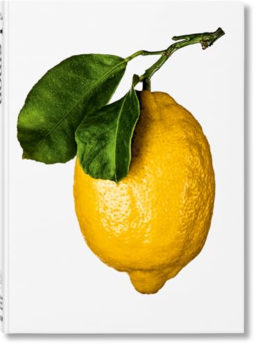 A bright yellow lemon with two green leaves on a stem against white background.