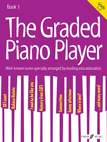 Purple piano book cover, “The Graded Piano Player: Grades 1-2” with song titles.