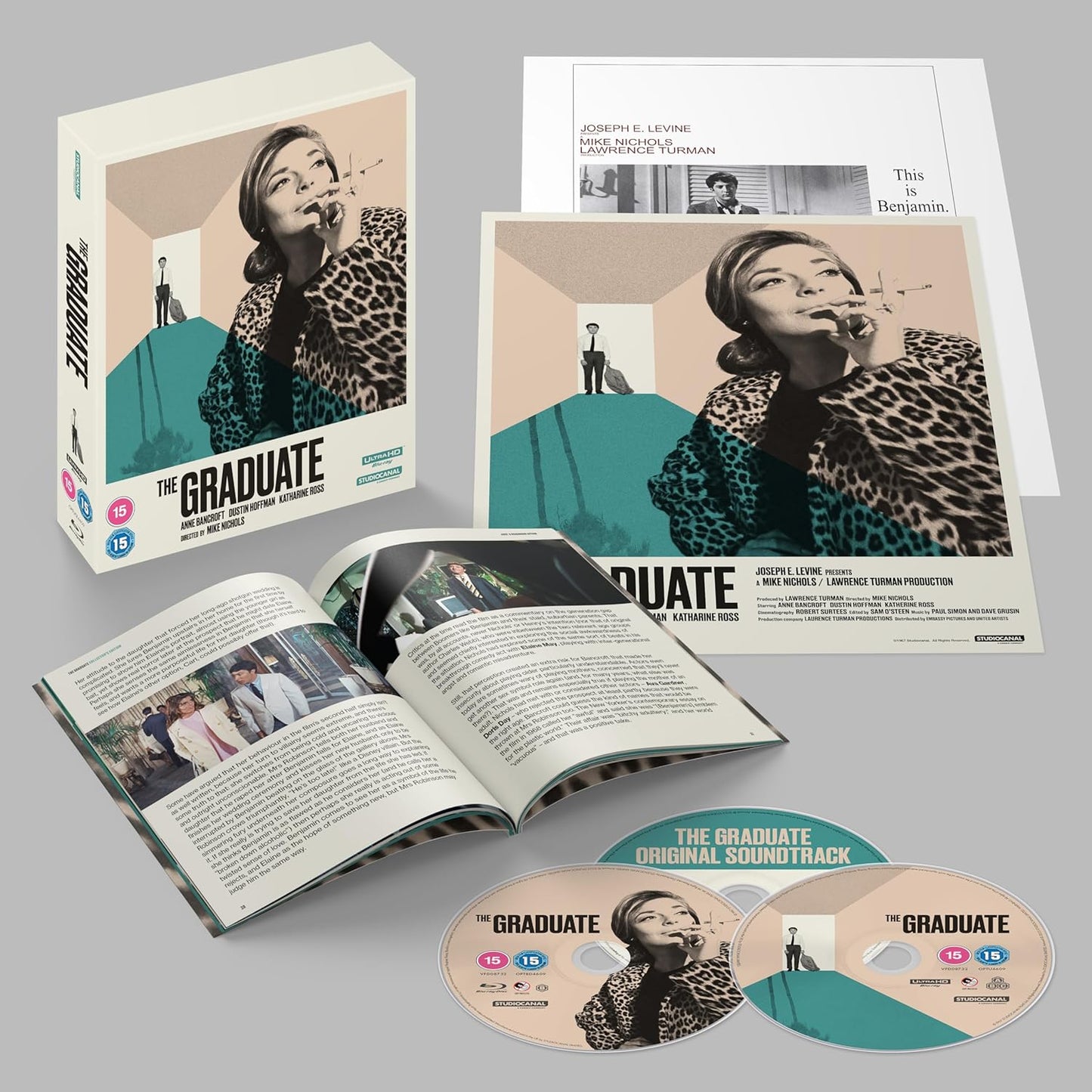 The Graduate" Blu-ray set with film packaging, booklet, and two discs.