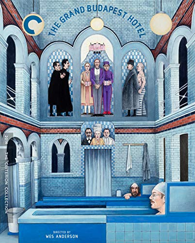 Illustrated cover art of The Grand Budapest Hotel showing characters in a tiled bathhouse.