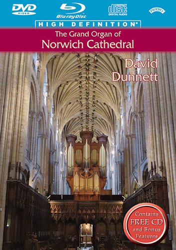 Norwich Cathedral organ pipes filling a stone Gothic archway.