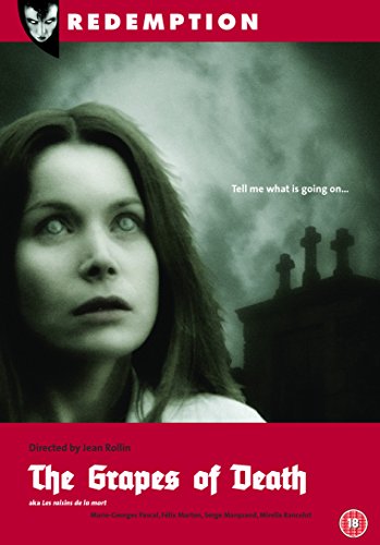 DVD cover for "The Grapes of Death" featuring a frightened woman and graveyard.