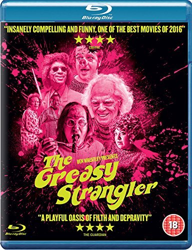 Blue Blu-ray case with "The Greasy Strangler" title in yellow, surrounded by character images.