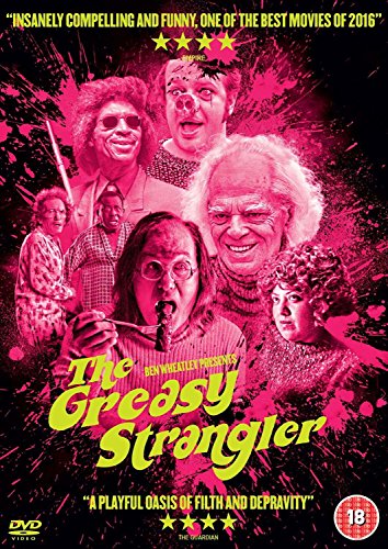 "The Greasy Strangler" DVD cover featuring a pink-toned collage of five people's faces.