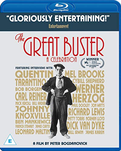 Buster Keaton portrait on "The Great Buster" Blu-ray cover with interviewees’ names.