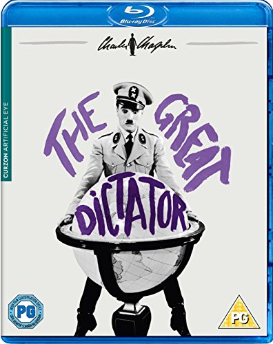Blu-ray cover for "The Great Dictator" featuring Chaplin in uniform.