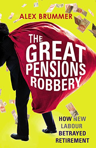Book cover: man with red bag of money, title "The Great Pensions Robbery".
