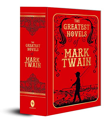 Red hardbound book titled The Greatest Novels of Mark Twain with gold foil lettering.