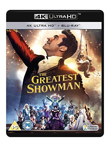 The Greatest Showman" Blu-ray cover featuring Hugh Jackman and circus performers.