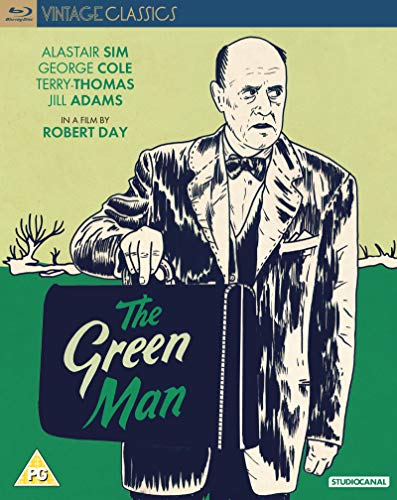 Blu-ray cover art for The Green Man featuring an illustrated man holding a briefcase.