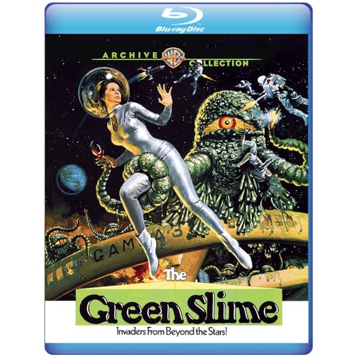 Blu-ray cover for "The Green Slime" featuring a woman, monster, and spaceships.