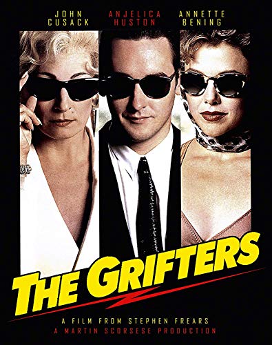 The Grifters Blu-ray cover featuring John Cusack, Anjelica Huston, and Annette Bening wearing sunglasses.