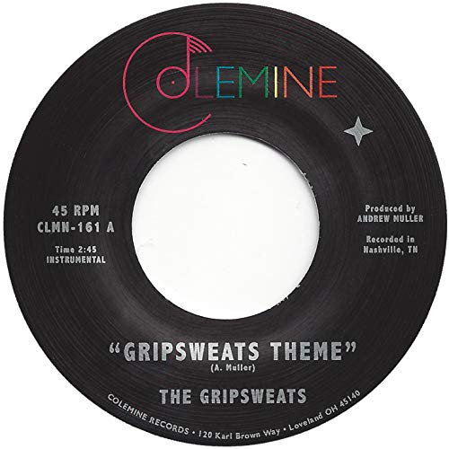 Black 7-inch vinyl record with red and green label text, "Gripsweats Theme".