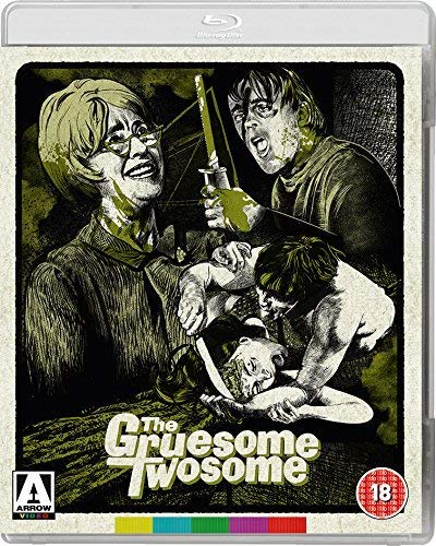 Blu-ray cover for "The Gruesome Twosome" featuring illustrated violence and figures.