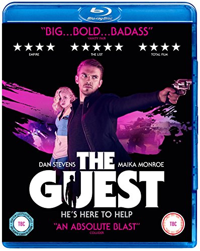 Blu-ray cover for "The Guest" featuring Dan Stevens and Maika Monroe.