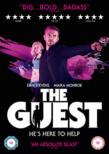 DVD cover for The Guest showing Dan Stevens holding a gun with Maika Monroe.