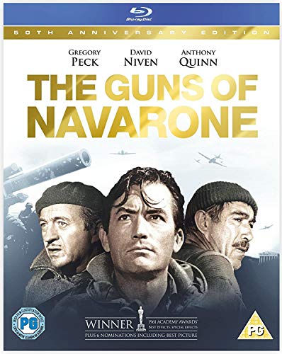Blu-ray cover art for The Guns of Navarone featuring three lead actors.