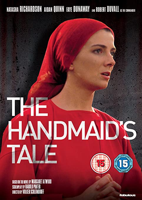 "The Handmaid's Tale DVD cover featuring a woman in red attire against a dark background."