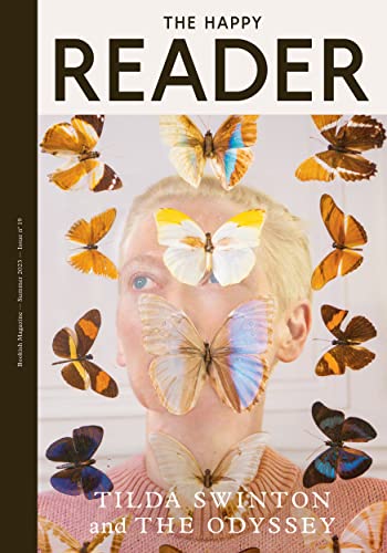 Magazine cover featuring Tilda Swinton surrounded by various colorful butterflies.