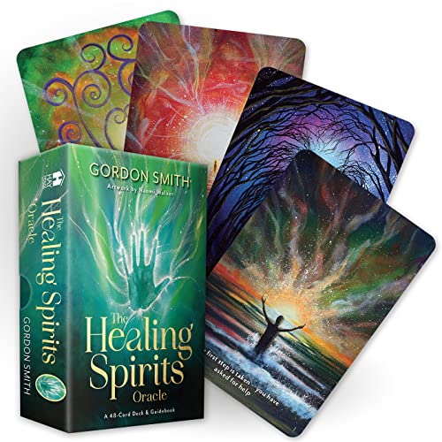 The Healing Spirits Oracle box set with four colorful, illustrated oracle cards fanned out.
