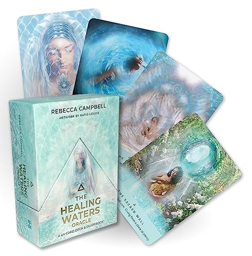 The Healing Waters Oracle box and four illustrated cards featuring ethereal water-themed artwork.