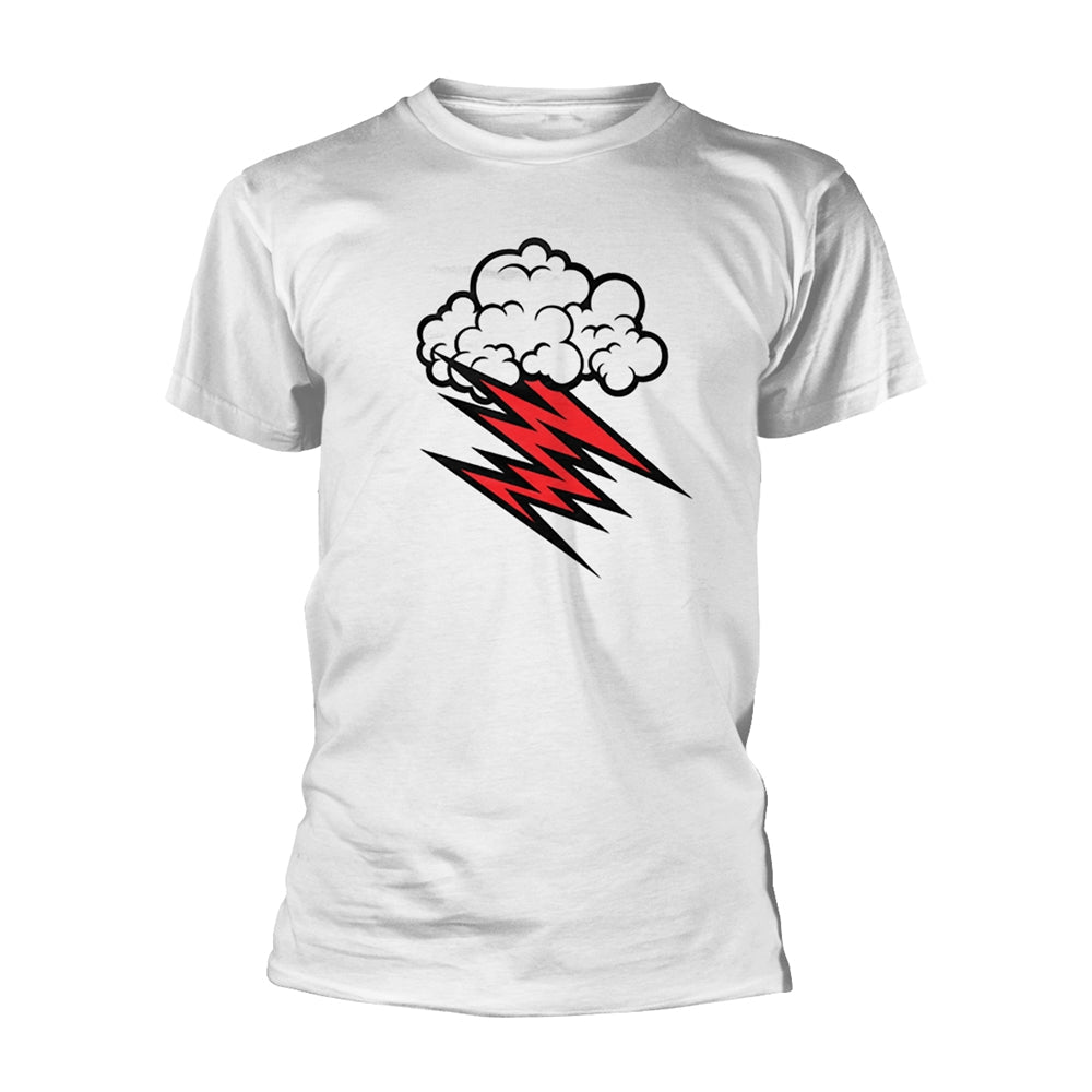 White t-shirt with a cartoon cloud and red lightning bolt design.