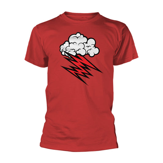 Red t-shirt with a white cloud and black lightning bolt design.