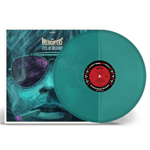 The Hellacopters Eyes of Oblivion album cover next to a teal translucent vinyl record.
