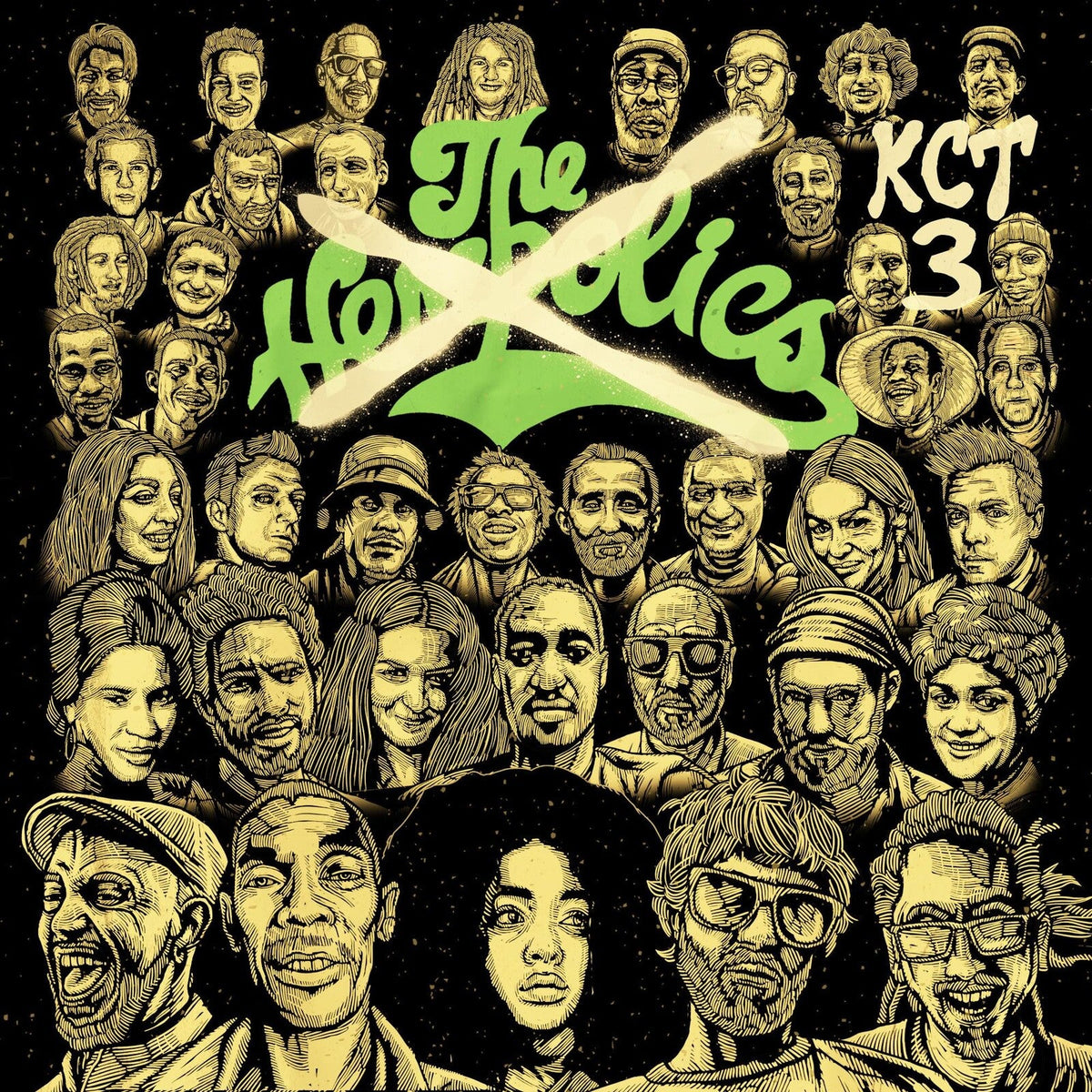 Album cover for The Hempolics’ “Kiss Cuddle & Torture Vol 3” with sketched portraits.