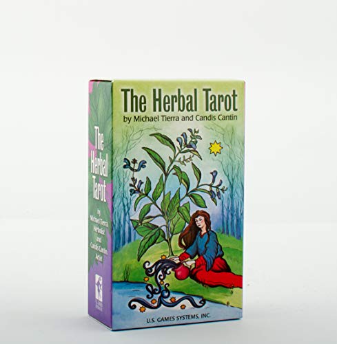 Box for "The Herbal Tarot" deck, featuring plant and figure illustration.