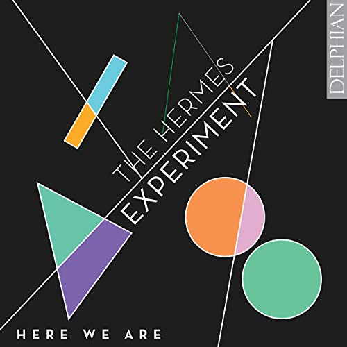 "Album cover with geometric shapes on black background, titled 'The Hermes Experiment: Here We Are'."