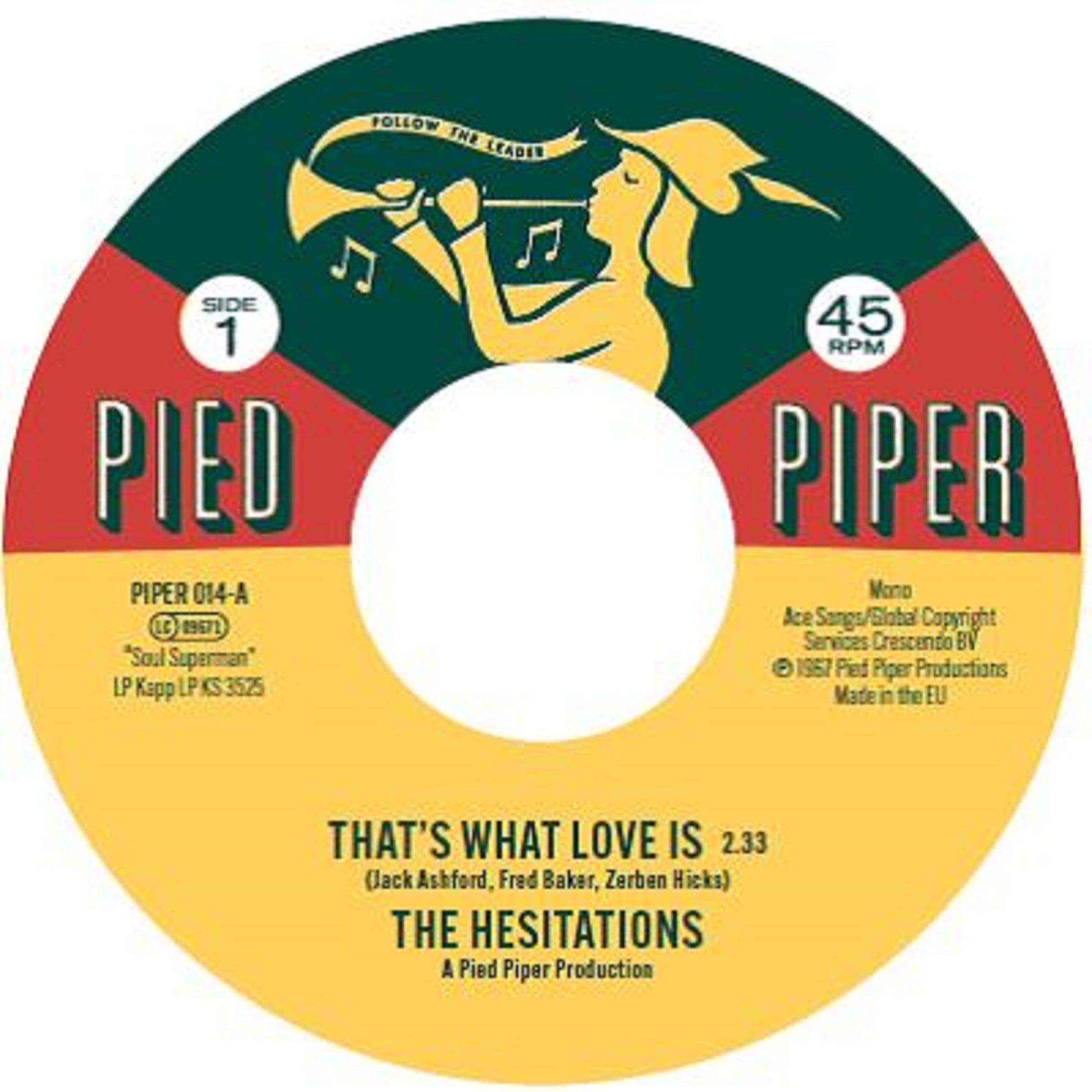 Vintage vinyl record label with a trumpet player illustration, red and yellow design.