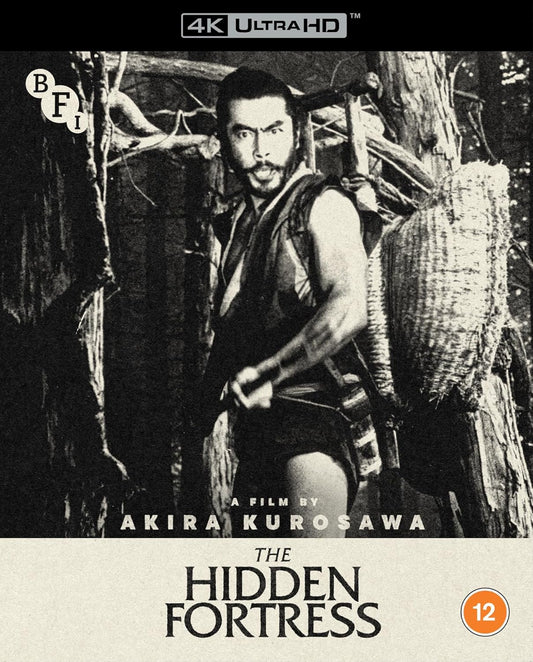 Black and white film cover for The Hidden Fortress featuring a man in nature.