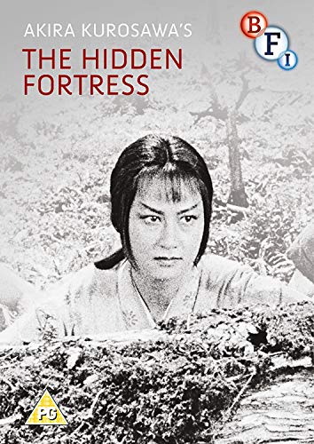Black and white DVD cover for Akira Kurosawa’s “The Hidden Fortress” featuring a woman.