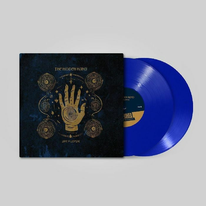 Vinyl record and cover art featuring a golden hand with celestial symbols.