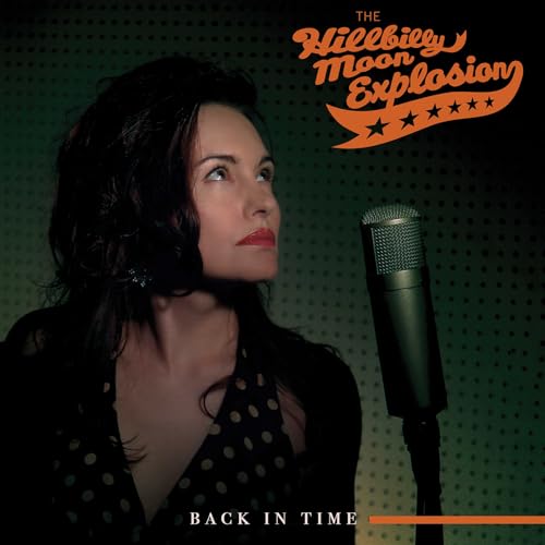 Woman with microphone, album cover for The Hillbilly Moon Explosion.