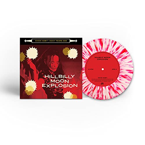 Hillbilly Moon Explosion vinyl record with red and white swirl pattern.