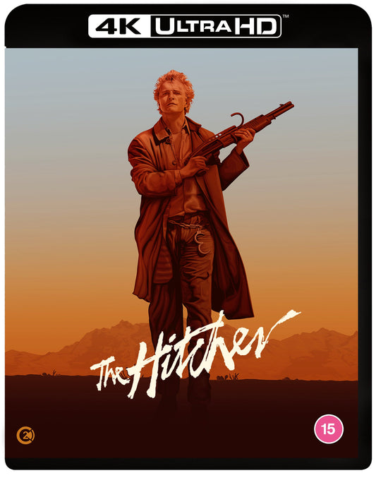 Blu-ray cover for "The Hitcher" featuring a man with a shotgun.