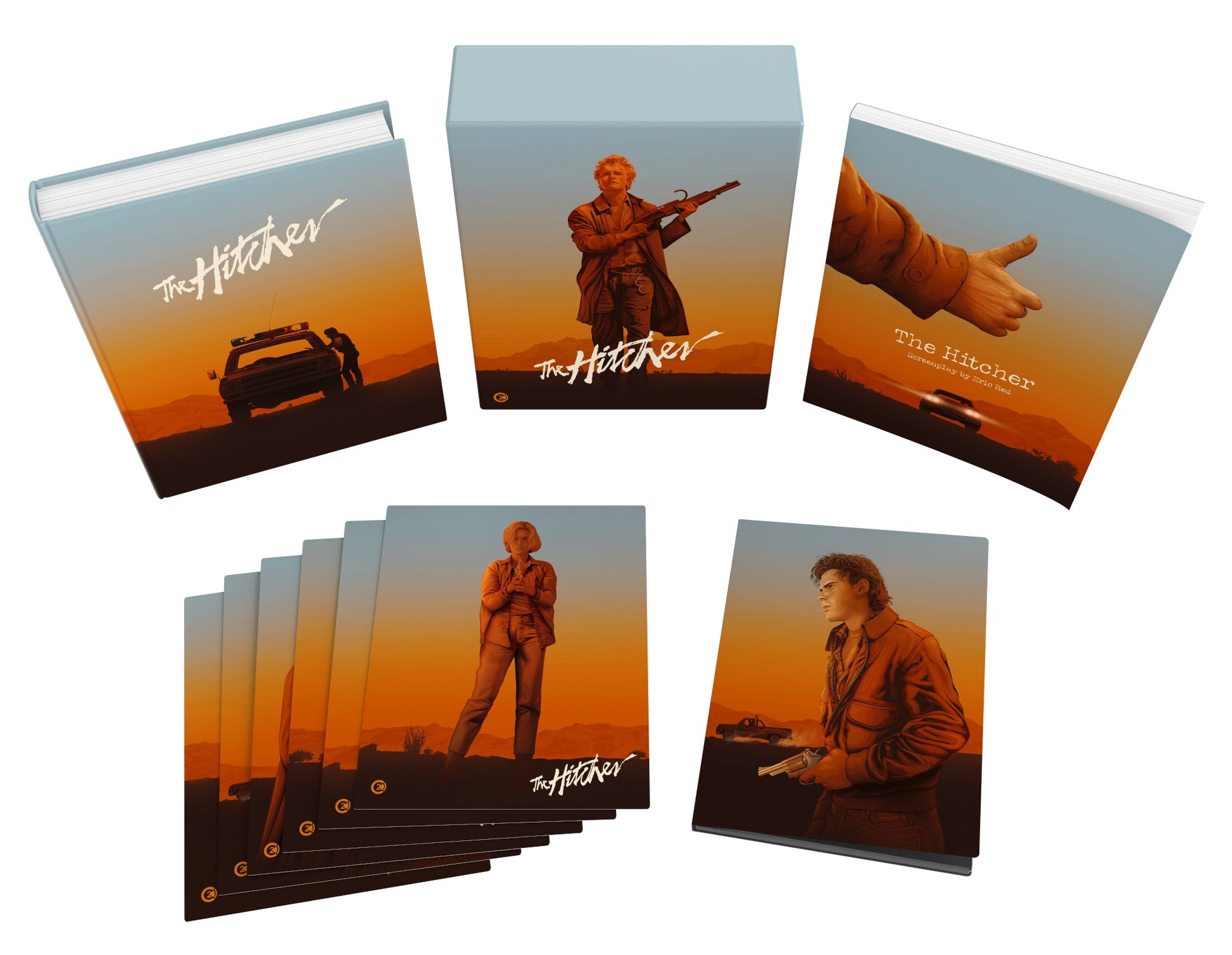 The Hitcher limited edition box set with books, art cards, and desert-themed cover art.