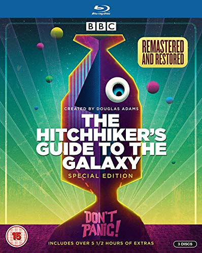 The Hitchhiker's Guide to the Galaxy Blu-ray case with colorful background and spaceship.
